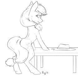 Size: 1456x1429 | Tagged: safe, artist:quadrog, applejack, earth pony, pony, g4, bipedal, bipedal leaning, cowboy hat, female, hat, leaning, lineart, looking back, mare, monochrome, signature, solo, stetson, table