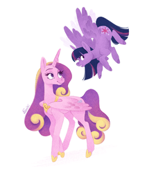 Size: 1280x1425 | Tagged: safe, artist:natashafenik, princess cadance, twilight sparkle, alicorn, pony, g4, cutie mark, duo, female, flying, long mane, mare, missing accessory, simple background, sisters-in-law, smiling, twilight sparkle (alicorn), white background