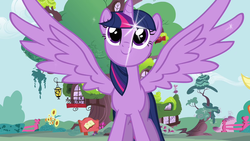 Size: 1280x720 | Tagged: safe, screencap, applejack, twilight sparkle, alicorn, pony, g4, golden oaks library, intro, looking up, opening, sparkles, spread wings, theme song, twilight sparkle (alicorn), wings