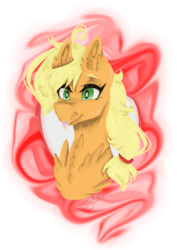 Size: 1000x1414 | Tagged: safe, artist:smileyjoke36, applejack, pony, g4, abstract background, bust, chest fluff, ear fluff, female, hatless, mare, messy mane, missing accessory, redraw, smiling, solo, tongue out