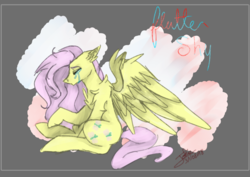 Size: 1414x1000 | Tagged: safe, artist:smileyjoke36, fluttershy, pegasus, pony, abstract background, chest fluff, crying, cutie mark, ear fluff, eyes closed, female, floppy ears, large wings, mare, raised hoof, sitting, solo, spread wings, wings