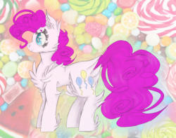 Size: 2021x1590 | Tagged: safe, artist:smileyjoke36, pinkie pie, earth pony, pony, g4, abstract background, beanbrows, candy, cutie mark, eyebrows, female, fluffy, food, mare, profile, smiling, solo