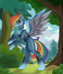 Size: 2466x2894 | Tagged: safe, artist:smileyjoke36, rainbow dash, pegasus, pony, g4, alternate timeline, amputee, apocalypse dash, armor, artificial wings, augmented, chest fluff, clothes, crystal war timeline, ear fluff, eye scar, female, high res, looking at you, mare, prosthetic limb, prosthetic wing, prosthetics, rearing, scar, scenery, solo, spread wings, torn ear, tree, uniform, wings