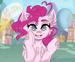 Size: 2414x2000 | Tagged: safe, artist:smileyjoke36, pinkie pie, earth pony, pony, g4, balloon, chest fluff, ear fluff, female, fluffy, hello, high res, looking at you, mare, open mouth, ponyville, raised hoof, smiling, solo, speech, speech bubble, stray strand