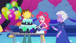 Size: 1920x1080 | Tagged: safe, screencap, blueberry cake, pinkie pie, scott green, equestria girls, equestria girls series, g4, twilight under the stars, spoiler:eqg series (season 2), atomic chocolate cake, background human, balloon, bare shoulders, cake, chocolate, chocolate cake, ear piercing, earring, female, food, heart necklace, jewelry, male, necklace, piercing, plate, sleeveless, strapless, table, unnamed character, unnamed human