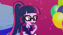 Size: 1920x1080 | Tagged: safe, screencap, sci-twi, twilight sparkle, equestria girls, g4, my little pony equestria girls: better together, twilight under the stars, atomic chocolate cake, balloon, cake, chocolate, chocolate cake, cute, eating, female, food, fork, glasses, ponytail, solo, twiabetes