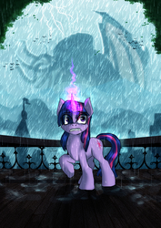 Size: 1700x2400 | Tagged: safe, artist:bluewolfavenger, part of a set, twilight sparkle, bird, pony, unicorn, g4, balcony, crossover, cthulhu, cthulhu mythos, elder god, eye clipping through hair, eyebrows, eyebrows visible through hair, female, glowing horn, golden oaks library, gritted teeth, h.p. lovecraft, high res, horn, lightning, lovecraft, macro, mare, outdoors, ponyville, rain, raised hoof, shadow, signature, silhouette, solo, storm, tentacles, unicorn twilight, wet, wet mane, worried