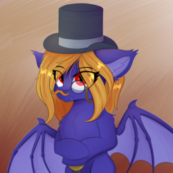 Size: 1500x1500 | Tagged: safe, artist:lunar froxy, oc, oc only, oc:butter cream, bat pony, pony, bat pony oc, cane, eye clipping through hair, facial hair, female, hat, looking at you, mare, monocle, moustache, simple background, smiling, solo, top hat