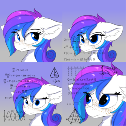 Size: 1500x1500 | Tagged: safe, artist:lunar froxy, oc, oc only, oc:spectral bolt, pegasus, pony, aside glance, brazil, brazilian meme, bust, calculus, chart, chest fluff, cute, ear fluff, eye clipping through hair, fancy mathematics, featured image, female, floppy ears, fluffy, freckles, frown, geometry, gradient background, graph, looking at you, looking up, mare, math, math lady meme, meme, nerds in the comments, number, ocbetes, patreon, patreon reward, ponified meme, raised eyebrow, simple background, solo, text, thinking, weapons-grade cute, wide eyes