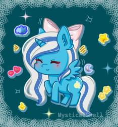 Size: 750x800 | Tagged: safe, artist:mysticalshell, oc, oc:fleurbelle, alicorn, pony, abstract background, adorabelle, alicorn oc, blushing, bow, chibi, cute, eyes closed, female, hair bow, happy, mare, space