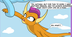 Size: 3604x1884 | Tagged: safe, artist:chedx, rainbow dash, smolder, dragon, pegasus, pony, comic:claws and hooves, g4, backwards cutie mark, dragoness, female, hoof hold, mare, shocked, speech bubble