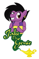 Size: 730x1095 | Tagged: safe, artist:showtimeandcoal, oc, oc only, oc:jake the genie, earth pony, genie, pony, badge, clothes, commission, con badge, convention badge, ear piercing, earring, jewelry, lamp, magic lamp, male, piercing, simple background, smiling, smirk, smoke, solo, stallion, transparent background, vest