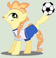 Size: 1024x1063 | Tagged: dead source, safe, artist:grumppanda, oc, oc only, oc:long shot, earth pony, pony, ball, base used, clothes, female, mare, shirt, simple background, solo, tongue out