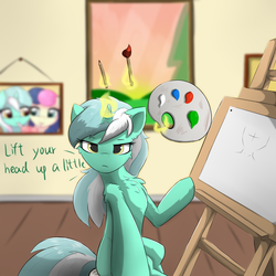 Size: 1024x1024 | Tagged: safe, artist:d.w.h.cn, artist:ratofdrawn, bon bon, lyra heartstrings, sweetie drops, pony, unicorn, g4, blue eyes, cheek fluff, chest fluff, dialogue, drawing, ear fluff, easel, female, frown, implied lesbian, implied lyrabon, implied shipping, levitation, looking at you, magic, mare, milkshake, paintbrush, painting, paintings, shoulder fluff, talking to viewer, telekinesis, yellow eyes