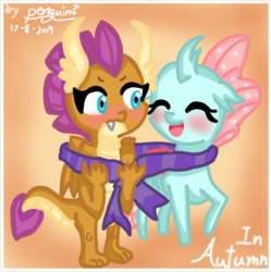 Size: 1038x1041 | Tagged: safe, artist:penguin?, ocellus, smolder, changedling, changeling, dragon, g4, clothes, cute, diaocelles, dragoness, female, lesbian, scarf, shared clothing, shared scarf, ship:smolcellus, shipping, smolderbetes, smoldere, tsundere