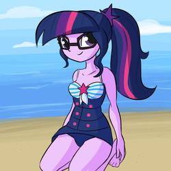 Size: 1152x1152 | Tagged: safe, artist:tjpones, sci-twi, twilight sparkle, equestria girls, equestria girls series, g4, beach, clothes, female, glasses, kneeling, looking at you, ponytail, smiling, solo, swimsuit
