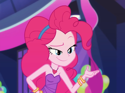 Size: 1434x1069 | Tagged: safe, screencap, pinkie pie, equestria girls, equestria girls series, g4, twilight under the stars, spoiler:eqg series (season 2), bare shoulders, bracelet, come on, cropped, cute, diapinkes, female, heart necklace, jewelry, necklace, raised eyebrow, sleeveless, smiling, solo, strapless