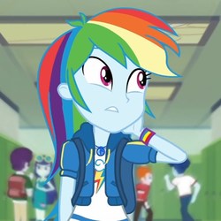 Size: 683x683 | Tagged: safe, screencap, blueberry cake, curly winds, heath burns, indigo wreath, rainbow dash, some blue guy, equestria girls, g4, my little pony equestria girls: better together, run to break free, beautiful, clothes, cropped, cute, dashabetes, female, geode of super speed, head scratch, magical geodes, sad, sadorable, singing, solo focus