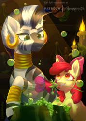 Size: 570x800 | Tagged: safe, artist:helemaranth, apple bloom, zecora, earth pony, pony, zebra, rcf community, g4, blank flank, bow, bracelet, candle, cauldron, duo, ear piercing, earring, female, filly, flower, foal, grin, hair bow, heart's desire, hooves, jewelry, leg rings, mare, mouth hold, neck rings, patreon, patreon logo, piercing, quadrupedal, smiling