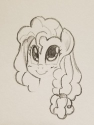Size: 540x720 | Tagged: safe, artist:trickydick, pear butter, earth pony, pony, g4, blushing, bust, cute, female, mare, monochrome, sketch, smiling, solo, traditional art