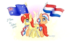 Size: 1432x847 | Tagged: safe, artist:avui, oc, oc only, oc:ember, oc:ember (hwcon), oc:spheres, earth pony, pony, unicorn, hearth's warming con, alicon, australia, duo, dutch cap, female, flag, hat, heart, heart eyes, mare, mascot, netherlands, smiling, wingding eyes