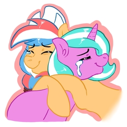 Size: 1200x1200 | Tagged: safe, artist:genolover, oc, oc only, oc:ember, oc:ember (hwcon), oc:mane event, earth pony, pony, unicorn, bronycon, hearth's warming con, crying, duo, dutch cap, female, hat, hug, mare, mascot, netherlands, united states