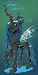 Size: 1016x1975 | Tagged: safe, alternate version, artist:soulcentinel, queen chrysalis, changeling, changeling queen, g4, female, gradient background, raised hoof, solo