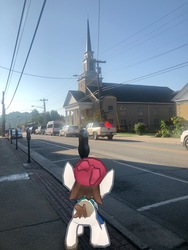 Size: 3024x4032 | Tagged: safe, gameloft, photographer:undeadponysoldier, pipsqueak, pony, g4, augmented reality, car, church, colt, irl, male, parking meter, photo, pirate costume, ponies in real life, solo, truck