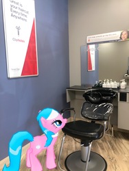 Size: 3024x4032 | Tagged: safe, gameloft, photographer:undeadponysoldier, aloe, pony, g4, augmented reality, barbershop, chair, female, greatclips, irl, mare, photo, ponies in real life, solo