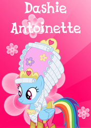 Size: 547x768 | Tagged: safe, artist:fehlung, artist:kayman13, edit, rainbow dash, pegasus, pony, g4, swarm of the century, clothes, dashie antoinette, dress, flower, giant hat, hat, jewelry, pink background, poster, powdered wig, simple background, smiling, text, tiara, too frilly, vector, wig