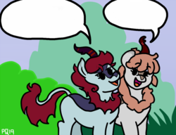 Size: 558x429 | Tagged: safe, artist:pony quarantine, oc, oc only, oc:nani kane, oc:wahine kona, kirin, bush, cropped, exploitable meme, kirin oc, meme, simple background, speech bubble