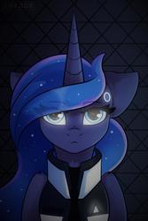 Size: 1000x1500 | Tagged: safe, artist:php97, princess luna, alicorn, pony, g4, abstract background, bust, clothes, connor, connor luna, cosplay, costume, crossover, detroit: become human, female, folded wings, jacket, looking at you, mare, portrait, rk900, solo, video game, video game crossover, wings