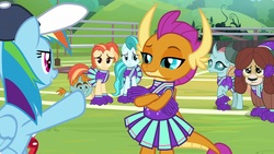 Size: 1920x1080 | Tagged: safe, screencap, lighthoof, ocellus, rainbow dash, shimmy shake, smolder, snips, yona, changedling, changeling, dragon, pegasus, pony, unicorn, yak, 2 4 6 greaaat, g4, cheerleader ocellus, cheerleader outfit, cheerleader smolder, cheerleader yona, clothes, coach rainbow dash, coaching cap, colt, crossed arms, curved horn, fangs, female, folded wings, frown, hat, horn, lidded eyes, male, mare, monkey swings, pom pom, smiling, smirk, smugder, teenaged dragon, teenager, whistle, whistle necklace, wings
