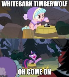 Size: 500x562 | Tagged: safe, edit, edited screencap, screencap, cozy glow, lord tirek, queen chrysalis, twilight sparkle, alicorn, pony, a trivial pursuit, frenemies (episode), g4, bell, caption, comic, disguise, disguised changeling, image macro, screencap comic, text, twilight sparkle (alicorn)