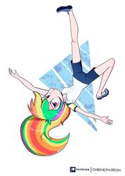 Size: 682x960 | Tagged: safe, artist:ohiekhe, rainbow dash, human, g4, clothes, female, humanized, shoes, shorts, simple background, solo, upside down, white background