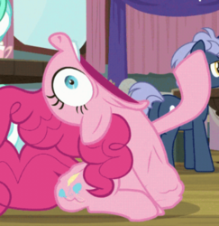Size: 380x391 | Tagged: safe, screencap, lyra heartstrings, midnight snack (g4), pinkie pie, earth pony, pony, unicorn, a trivial pursuit, g4, abdominal bulge, butt, cropped, faic, female, friendship student, male, mare, offscreen character, open mouth, plot, ponk, solo focus, stallion, stuffing