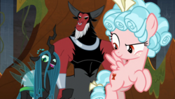 Size: 1920x1080 | Tagged: safe, screencap, cozy glow, lord tirek, queen chrysalis, changeling, changeling queen, pegasus, pony, frenemies (episode), g4, female, filly, foal, male, nose piercing, nose ring, piercing, septum piercing, trio