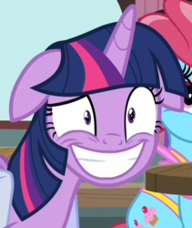 Size: 618x732 | Tagged: safe, screencap, cup cake, twilight sparkle, alicorn, pony, a trivial pursuit, g4, cropped, eye twitch, faic, floppy ears, grin, saddle bag, smiling, solo focus, twilight sparkle (alicorn)