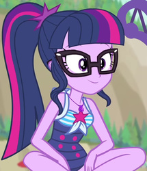 Size: 732x850 | Tagged: safe, screencap, sci-twi, twilight sparkle, equestria girls, equestria girls specials, g4, my little pony equestria girls: better together, my little pony equestria girls: forgotten friendship, beach, clothes, cropped, cute, female, geode of telekinesis, magical geodes, sci-twi swimsuit, sitting, solo, swimsuit, twiabetes
