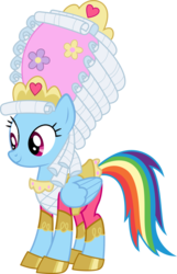 Size: 661x1024 | Tagged: safe, artist:fehlung, artist:kayman13, edit, vector edit, rainbow dash, pegasus, pony, g4, clothes, dashie antoinette, dress, face edit, female, jewelry, marie antoinette, powdered wig, simple background, smiling, solo, tiara, transparent background, vector, wig