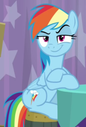 Size: 579x859 | Tagged: safe, screencap, rainbow dash, pony, a trivial pursuit, g4, cropped, faic, female, mare, rainbow dash is best facemaker, sitting, smug, smugdash, solo