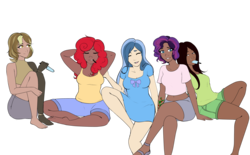 Size: 4701x2912 | Tagged: safe, artist:emberfan11, artist:ichiban-iceychan1517, color edit, edit, oc, oc only, oc:apple berry, oc:evening glitter, oc:tinker (ice1517), oc:twinkle mint, oc:white lilly, cyborg, human, icey-verse, amputee, arm behind head, armpits, barefoot, belly button, braces, breasts, clothes, collaboration, colored, dark skin, dress, evening lilly, eyes closed, feet, female, food, humanized, humanized oc, lesbian, looking at each other, magical lesbian spawn, midriff, miniskirt, nose piercing, nose ring, oc x oc, offspring, open mouth, parent:applejack, parent:derpy hooves, parent:doctor whooves, parent:minuette, parent:starlight glimmer, parent:strawberry sunrise, parent:sunset shimmer, parent:trixie, parents:applerise, parents:doctorderpy, parents:minixie, parents:shimmerglimmer, piercing, popsicle, prosthetic leg, prosthetic limb, prosthetics, sandals, shipping, shirt, shorts, siblings, simple background, sisters, sitting, skirt, soles, straw, t-shirt, tanktop, tattoo, transparent background, wall of tags