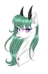 Size: 900x1400 | Tagged: safe, artist:zima, oc, oc only, oc:zima, hybrid, pegasus, pony, bust, ear piercing, earring, horns, jewelry, looking at you, necklace, paint tool sai, piercing, portrait, simple background, solo, transparent background, yang