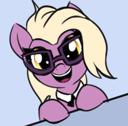Size: 435x426 | Tagged: safe, artist:wenni, grace manewitz, earth pony, pony, g4, blue background, cute, female, glasses, hi anon, looking at you, mare, meme, necktie, open mouth, simple background, smiling, solo