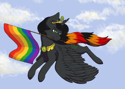 Size: 2286x1641 | Tagged: safe, artist:fluka, oc, oc:princess cave, alicorn, pony, commission, flag, gay pride flag, lgbt, peace sign, pride, pride flag, pride month, ych result