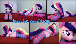 Size: 5205x3060 | Tagged: safe, artist:qtpony, princess cadance, pony, g4, bow, butt, clothes, female, irl, photo, plot, plushie, prone, socks, solo, striped socks, tail bow