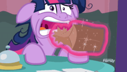 Size: 640x360 | Tagged: safe, screencap, twilight sparkle, alicorn, pony, a trivial pursuit, animated, bell, cute, discovery family logo, female, floppy ears, gif, glowing horn, hooves on the table, horn, hyperventilating, loop, magic, magic aura, mare, messy mane, panic, paper bag, paranoid, paranoid twilight, pitiful, puffy cheeks, solo, trivia trot, twilight snapple, twilight sparkle (alicorn), twilighting