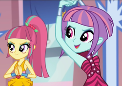 Size: 1521x1080 | Tagged: safe, screencap, sour sweet, sunny flare, dance magic, equestria girls, equestria girls specials, g4, armpits, arms in the air, crystal prep shadowbolts, disco dress, duo, duo female, female, flamenco dress, freckles, ponytail, sleeveless, smiling
