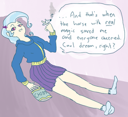 Size: 617x566 | Tagged: safe, anonymous artist, trixie, human, g4, 4chan, chips, clothes, colored, drawthread, drugs, female, food, high, humanized, joint, marijuana, missing shoes, potato chips, simple background, solo, stoned trixie