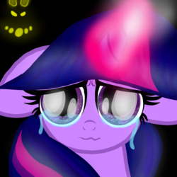 Size: 1000x1000 | Tagged: artist needed, safe, grogar, twilight sparkle, g4, the ending of the end, crying, darkness, fear, female, floppy ears, magic, solo